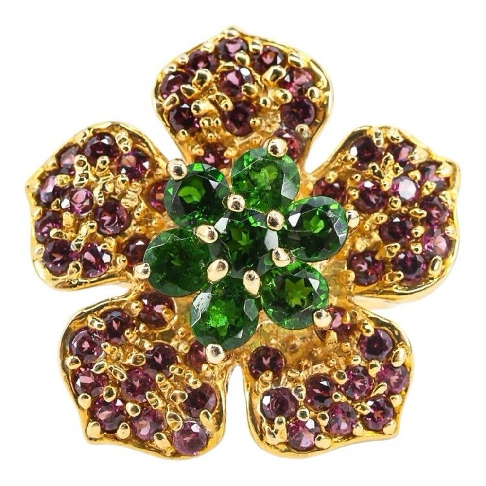 Bold Sterling Silver Floral Cocktail Ring Gold Vermeil Green & Magenta Stones